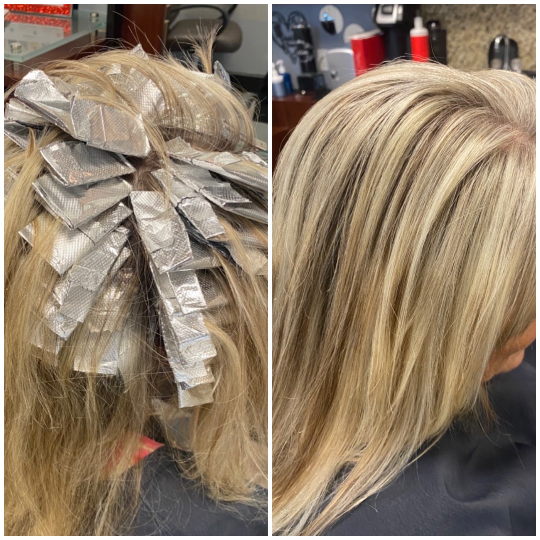 Foil highlights process and finished bright blonde result